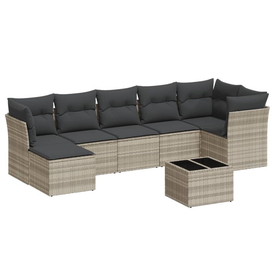 Salon de jardin 8 pcs avec coussins gris clair résine tressée - Photo n°1