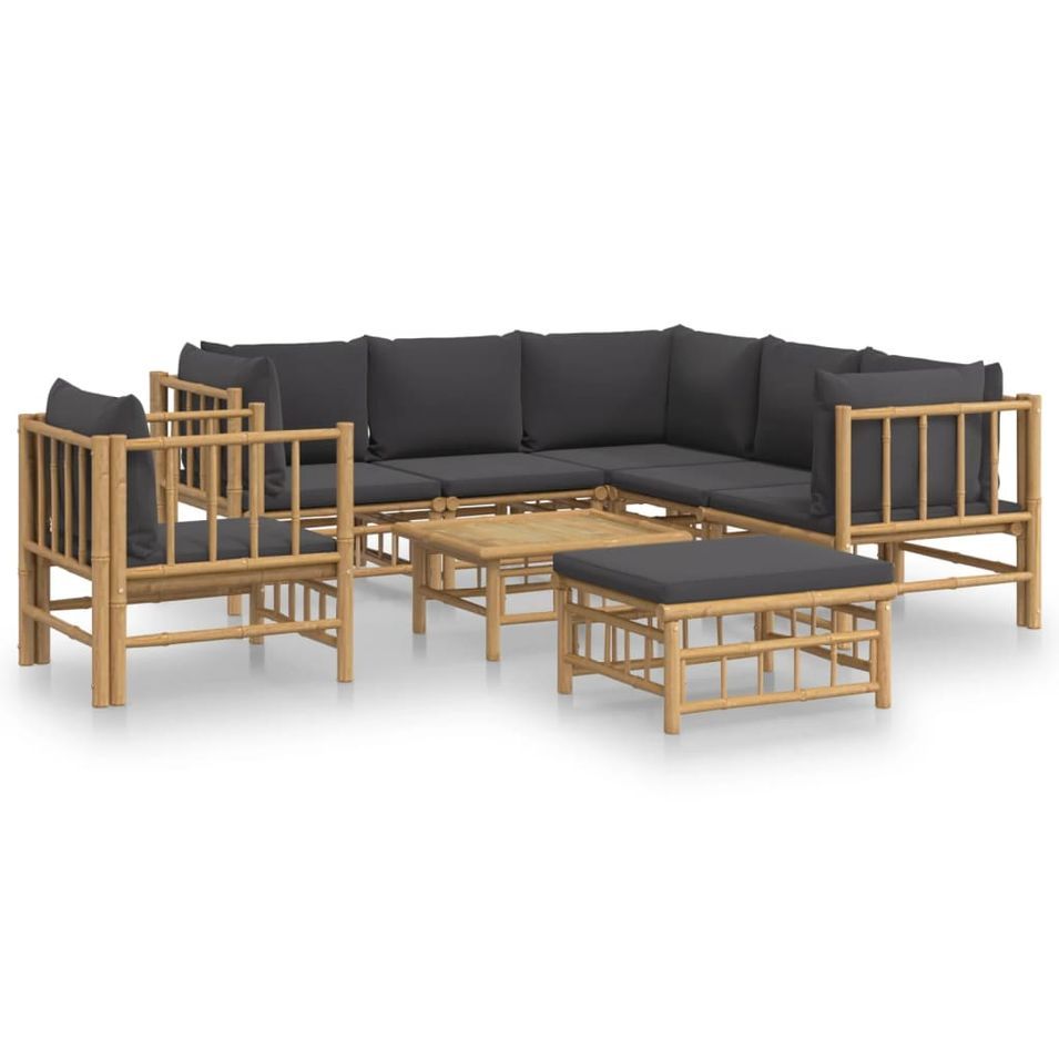 Salon de jardin 8 pcs avec coussins gris foncé bambou - Photo n°1