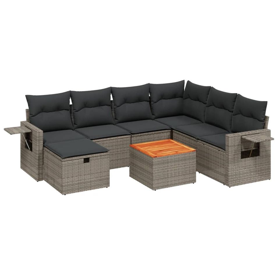 Salon de jardin 8 pcs avec coussins gris résine tressée - Photo n°1