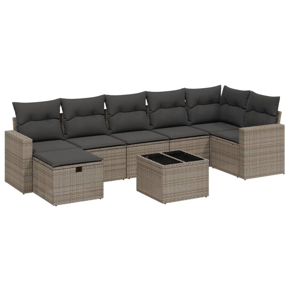 Salon de jardin 8 pcs avec coussins gris résine tressée - Photo n°1