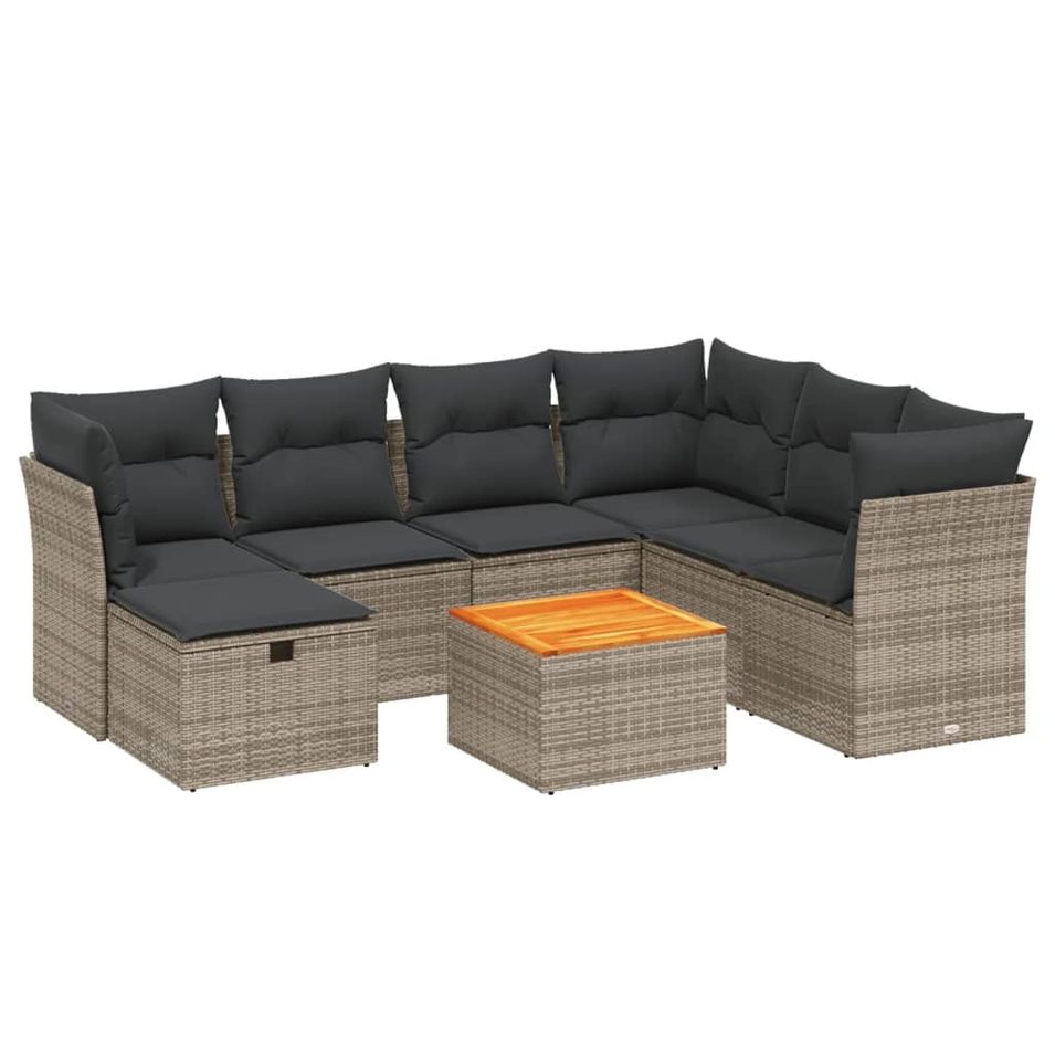 Salon de jardin 8 pcs avec coussins gris résine tressée - Photo n°1
