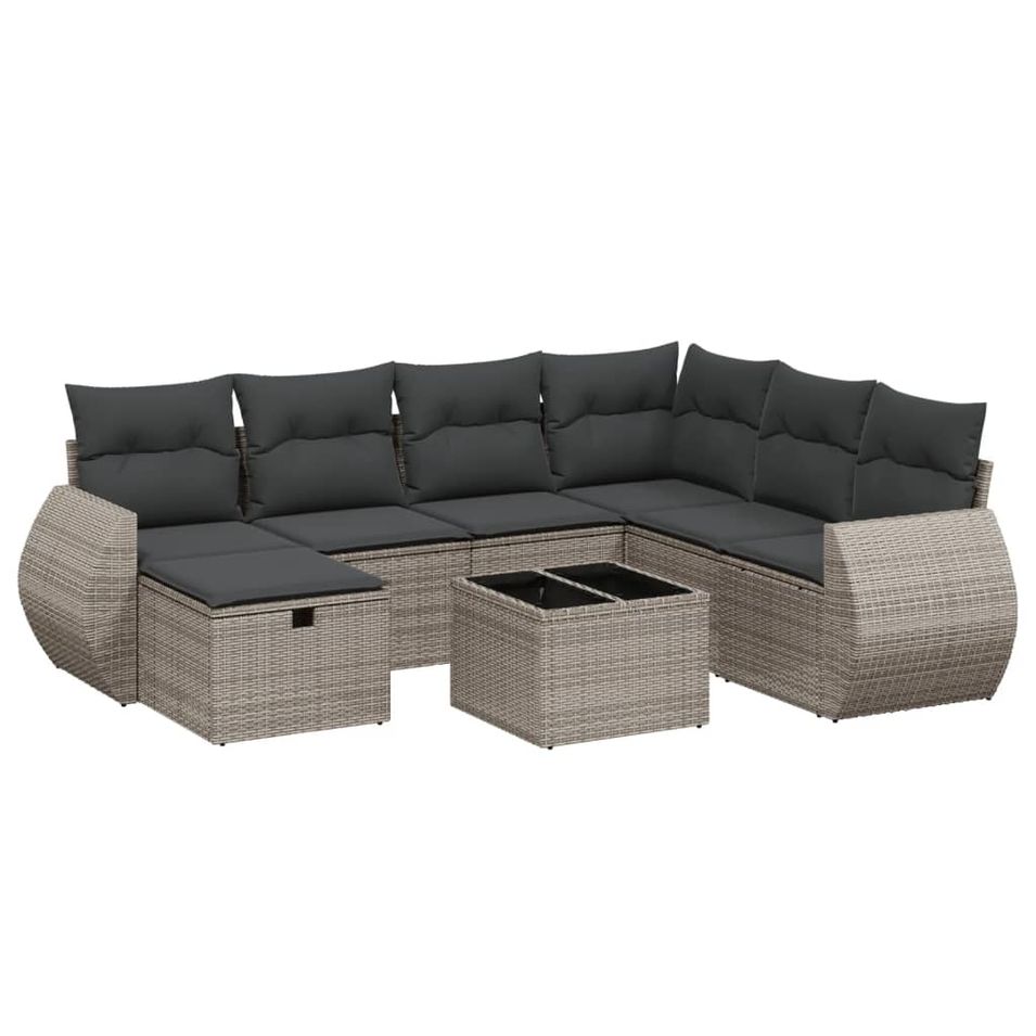 Salon de jardin 8 pcs avec coussins gris résine tressée - Photo n°1