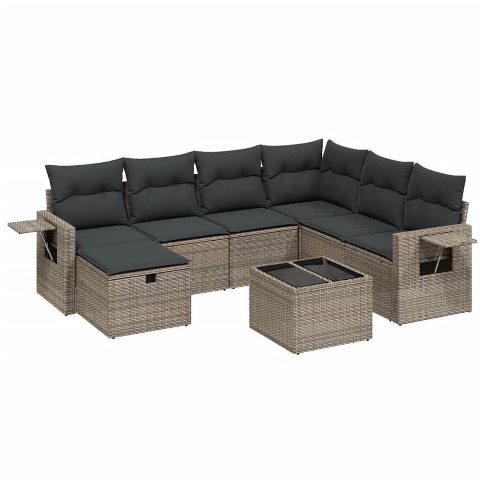 Salon de jardin 8 pcs avec coussins gris résine tressée - Photo n°1