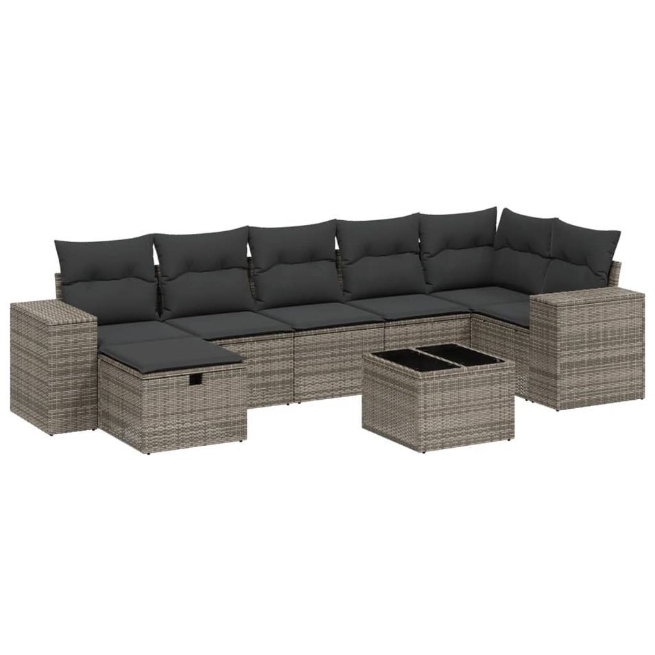 Salon de jardin 8 pcs avec coussins gris résine tressée - Photo n°1