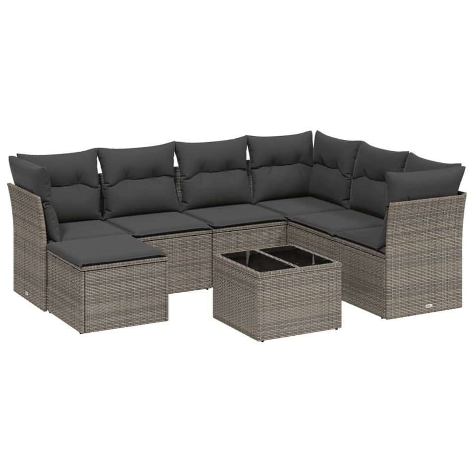 Salon de jardin 8 pcs avec coussins gris résine tressée - Photo n°1