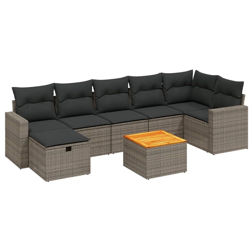 Salon de jardin 8 pcs avec coussins gris résine tressée - Photo n°1