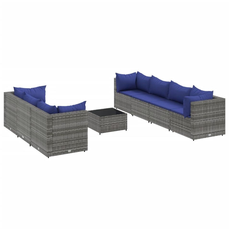 Salon de jardin 8 pcs avec coussins Gris Résine tressée - Photo n°1