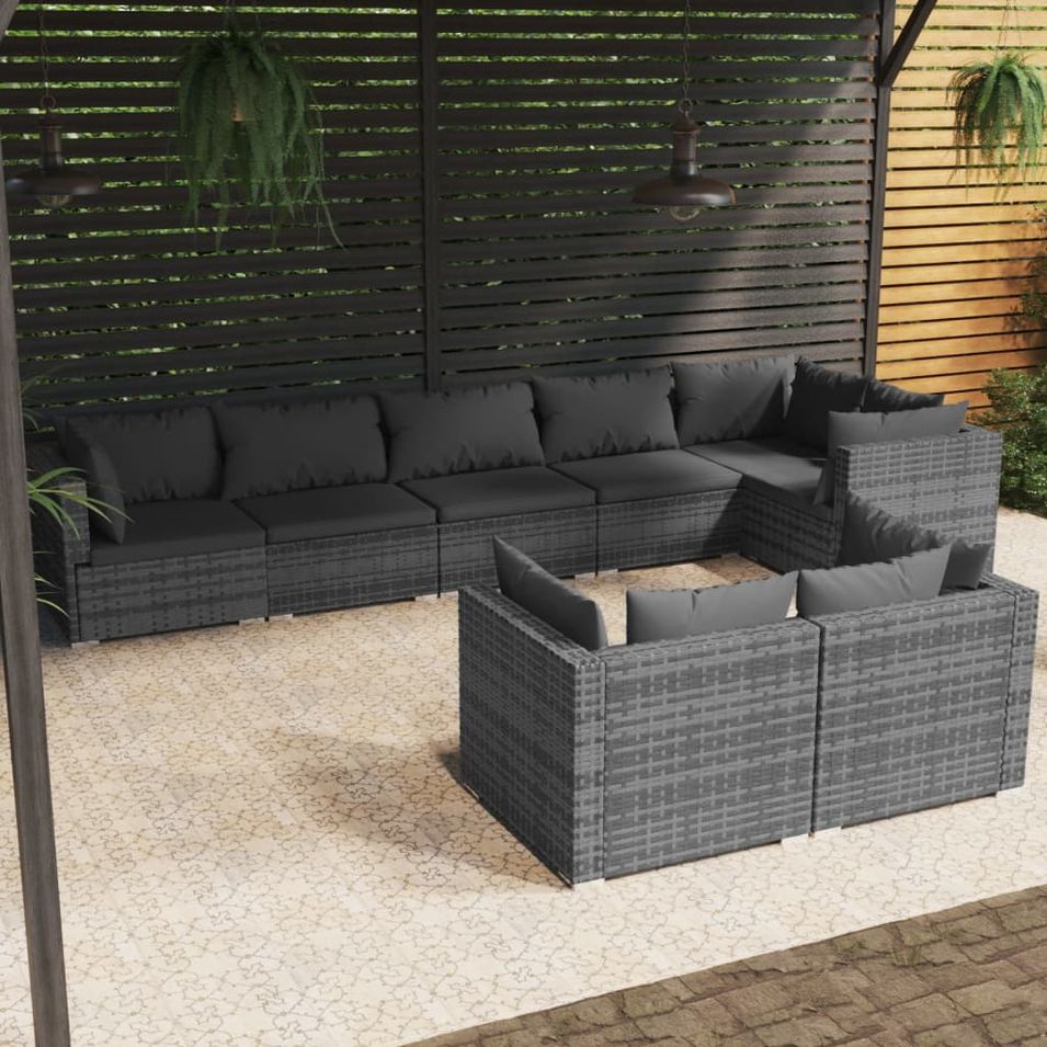 Salon de jardin 8 pcs avec coussins Gris Résine tressée - Photo n°1