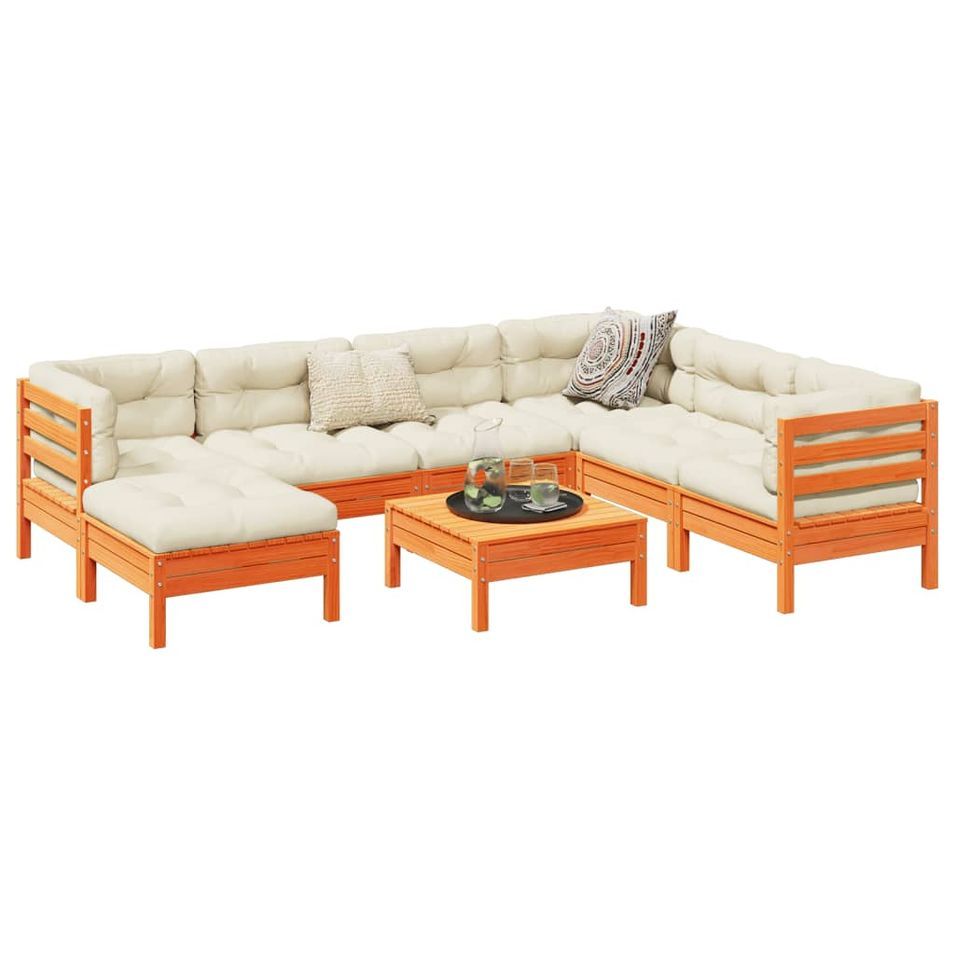 Salon de jardin 8 pcs avec coussins marron cire bois pin massif - Photo n°1