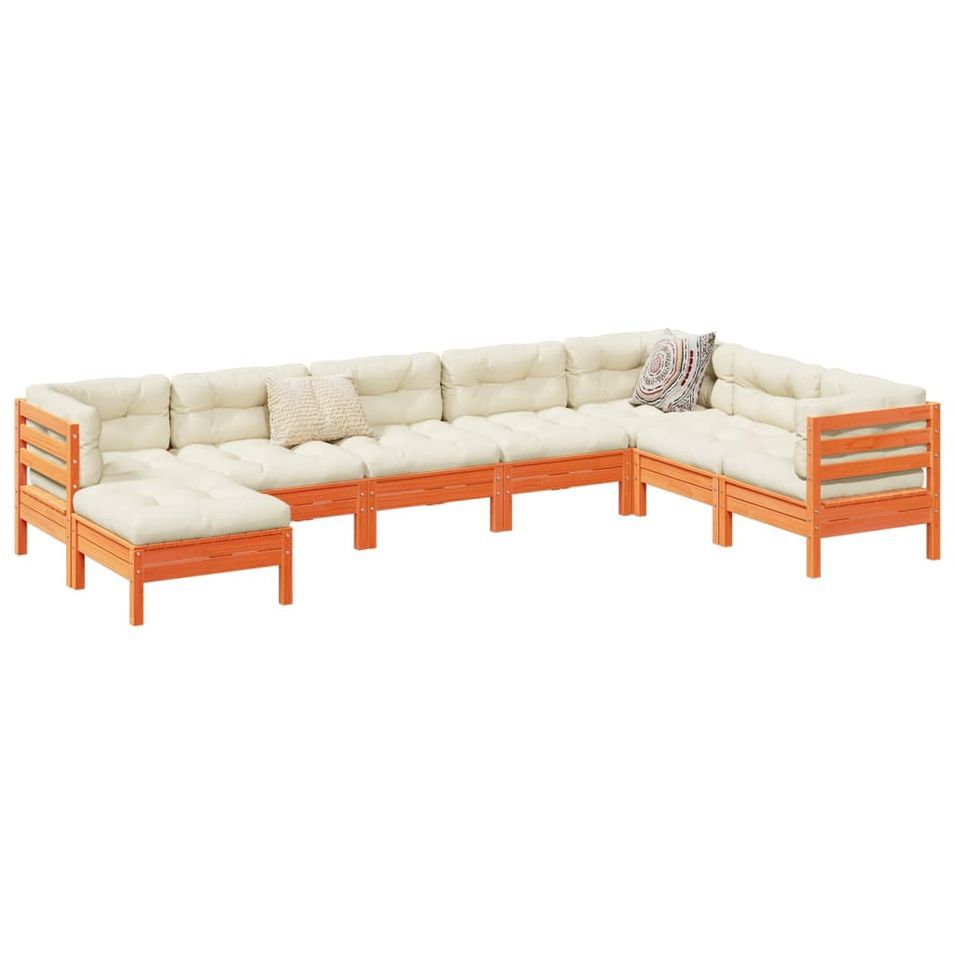 Salon de jardin 8 pcs avec coussins marron cire bois pin massif - Photo n°1
