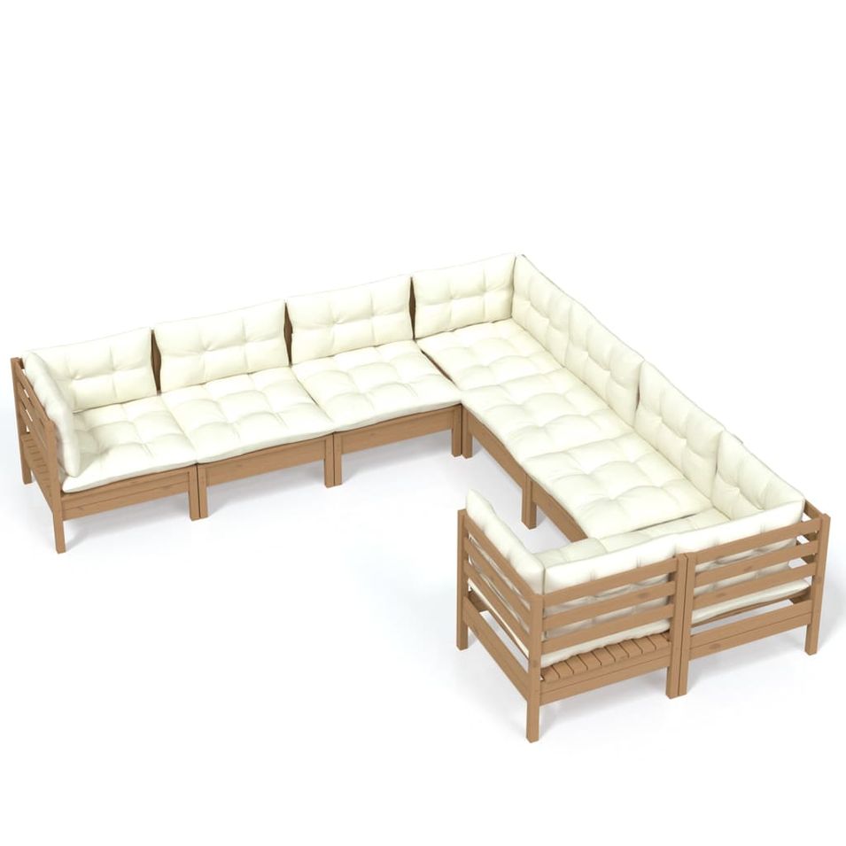 Salon de jardin 8 pcs avec coussins Marron miel Bois de pin - Photo n°1