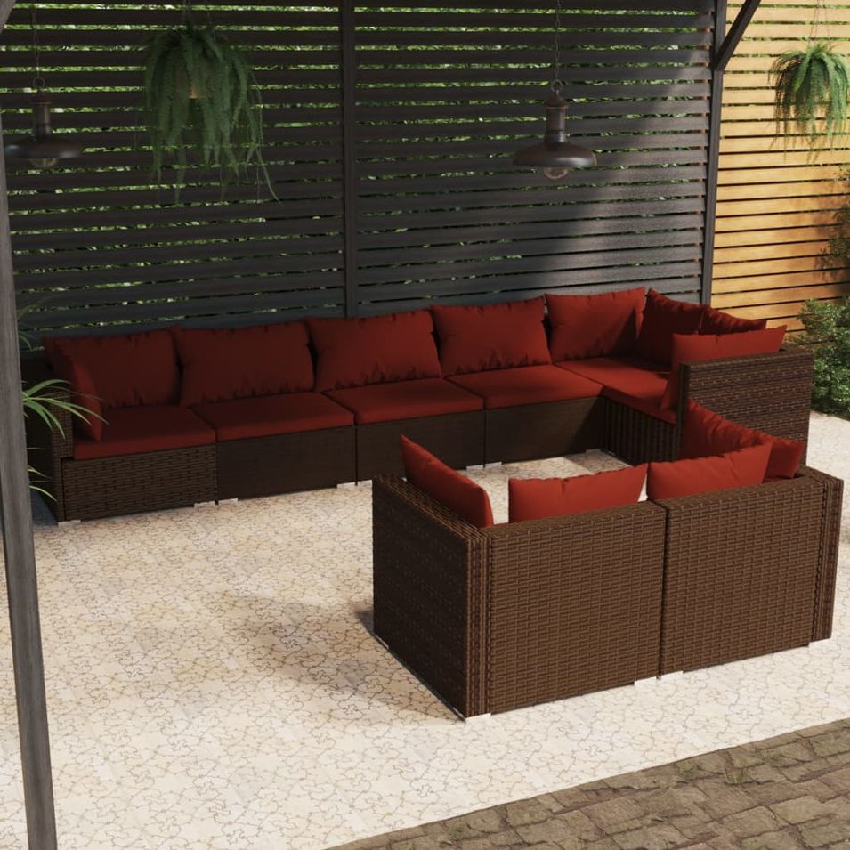 Salon de jardin 8 pcs avec coussins Marron Résine tressée - Photo n°1