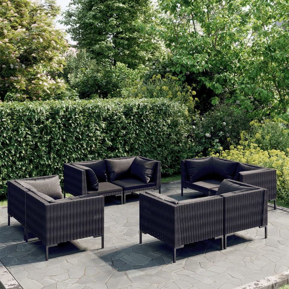 Salon de jardin 8 pcs avec coussins Résine tressée Gris foncé - Photo n°1