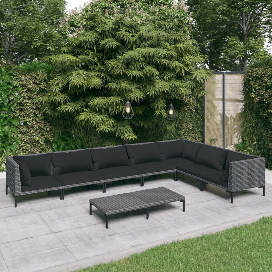 Salon de jardin 8 pcs avec coussins Résine tressée Gris foncé - Photo n°1