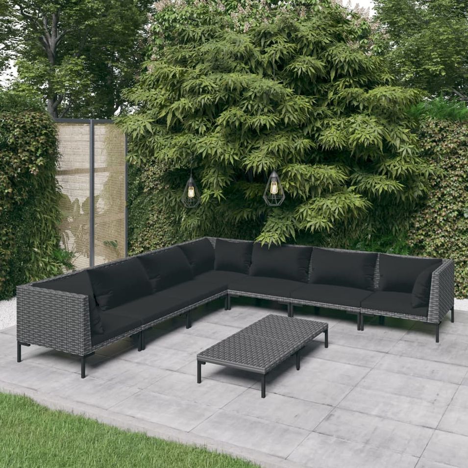 Salon de jardin 8 pcs avec coussins Résine tressée Gris foncé - Photo n°1