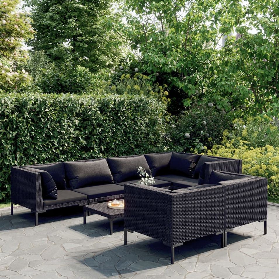 Salon de jardin 8 pcs avec coussins Résine tressée Gris foncé - Photo n°1