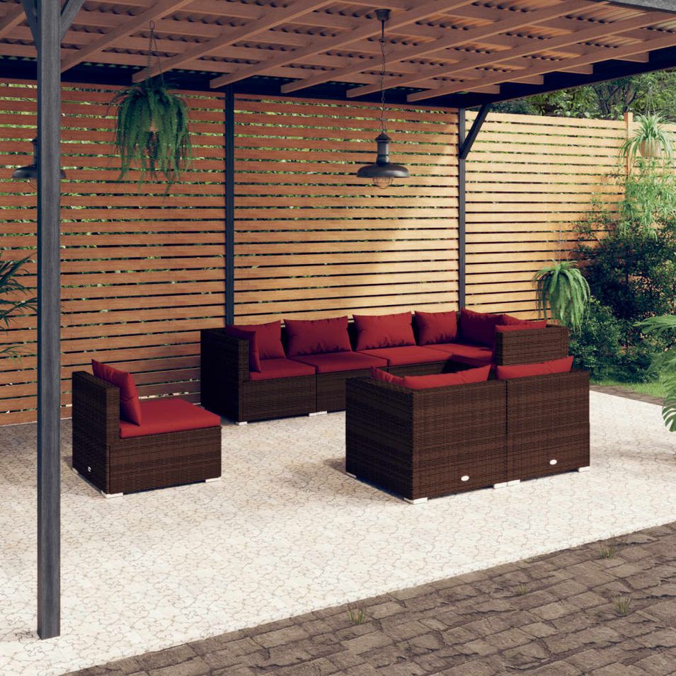 Salon de jardin 8 pcs avec coussins Résine tressée Marron - Photo n°1