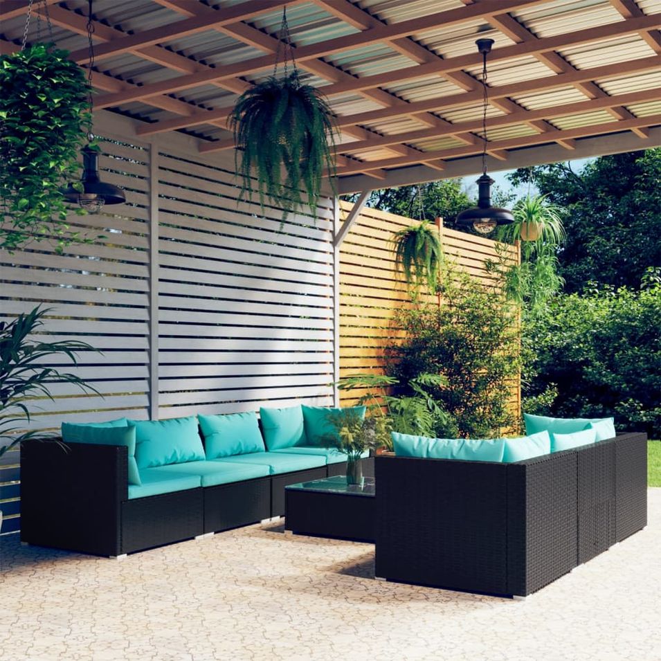 Salon de jardin 8 pcs avec coussins résine tressée noir - Photo n°1