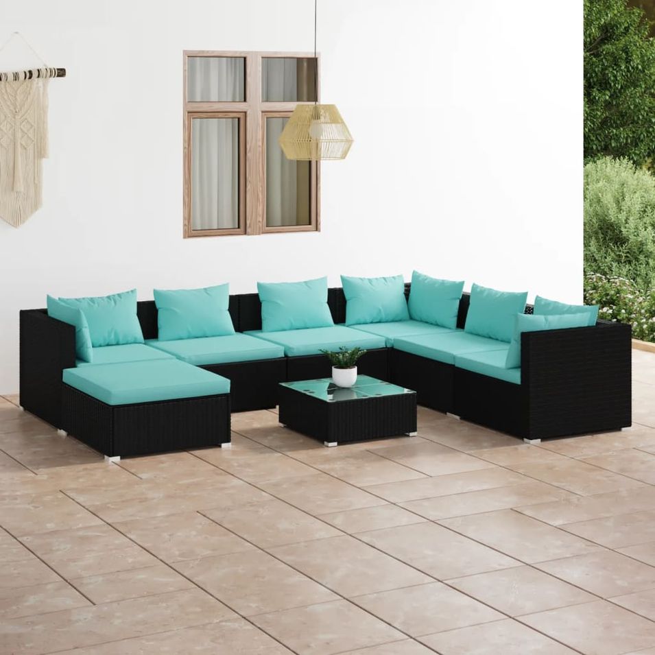 Salon de jardin 8 pcs avec coussins Résine tressée Noir - Photo n°1