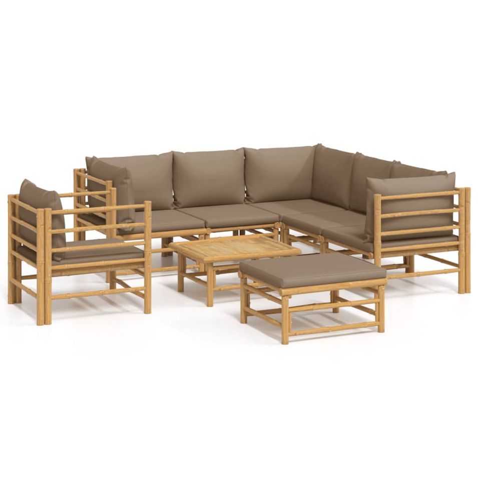 Salon de jardin 8 pcs avec coussins taupe bambou - Photo n°1