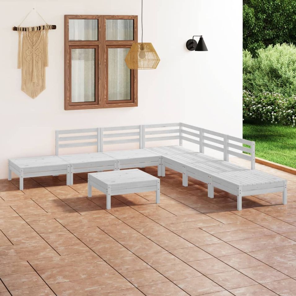 Salon de jardin 8 pcs Bois de pin massif Blanc 5 - Photo n°1