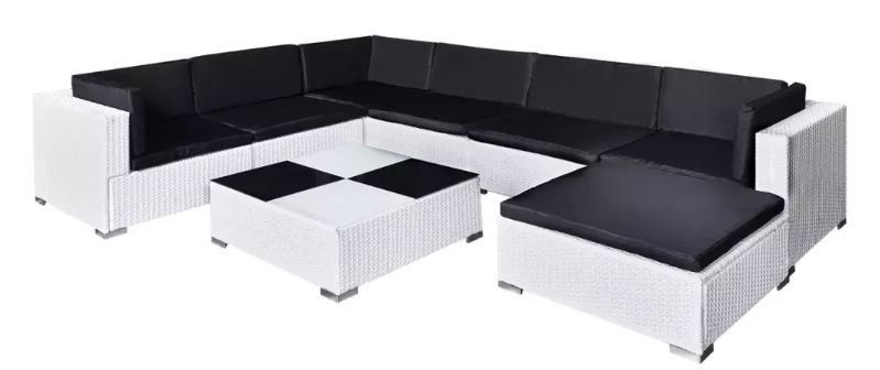 Salon de jardin 8 pièces résine tressée blanc coussins noir Kim - Photo n°1