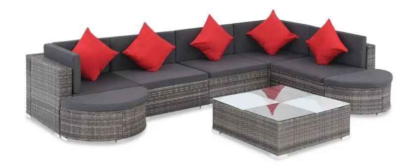 Salon de jardin 8 pièces résine tressée coussins gris et rouge Kim - Photo n°1