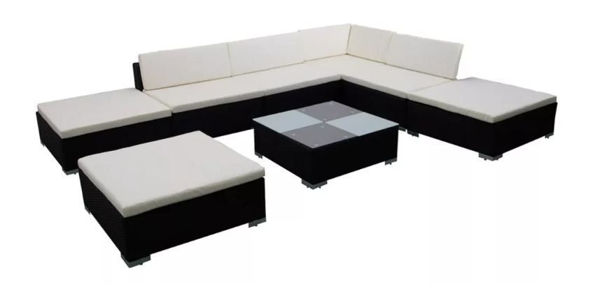 Salon de jardin 8 pièces résine tressée noir coussins blanc Kim 2 - Photo n°1