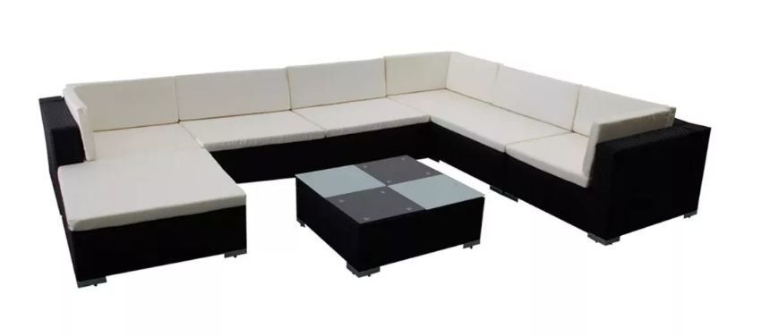 Salon de jardin 8 pièces résine tressée noir coussins blanc Kim - Photo n°1