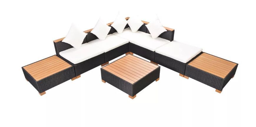 Salon de jardin 8 pièces résine tressée noir et coussins blanc Kimberly - Photo n°1