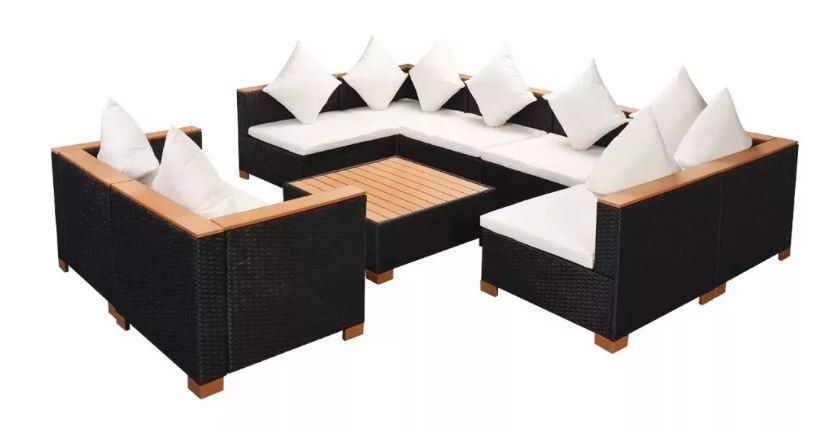 Salon de jardin 8 pièces résine tressée noir et coussins blanc Kimberly 2 - Photo n°1