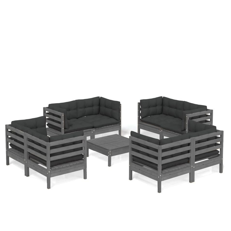 Salon de jardin 9 pcs avec coussins anthracite Bois de pin 3 - Photo n°1