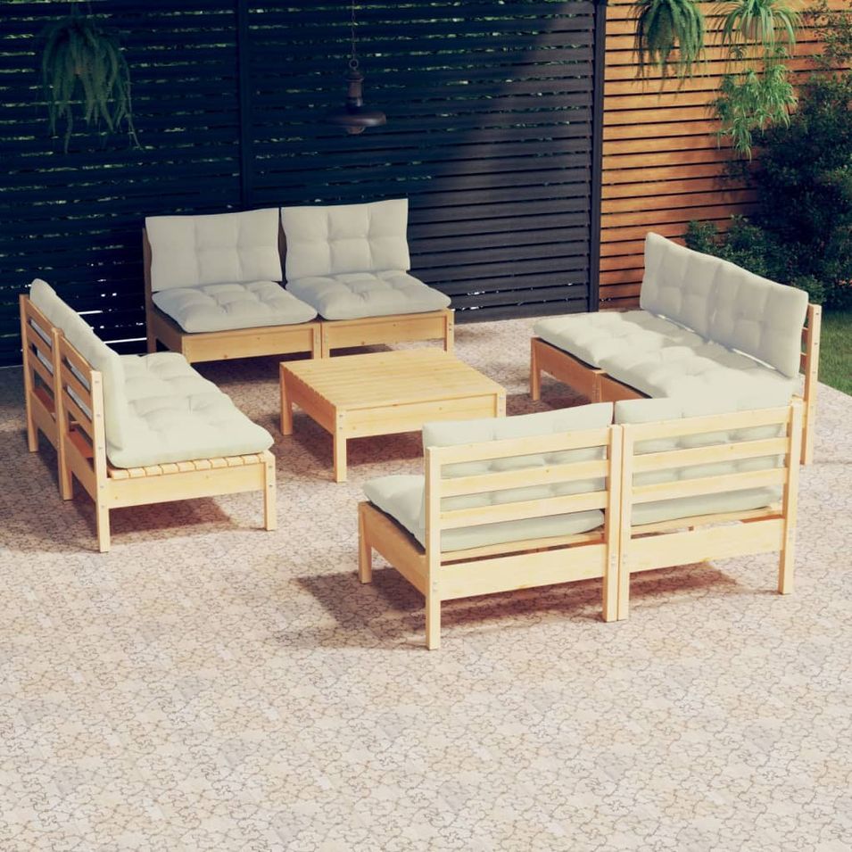 Salon de jardin 9 pcs avec coussins crème bois de pin - Photo n°1
