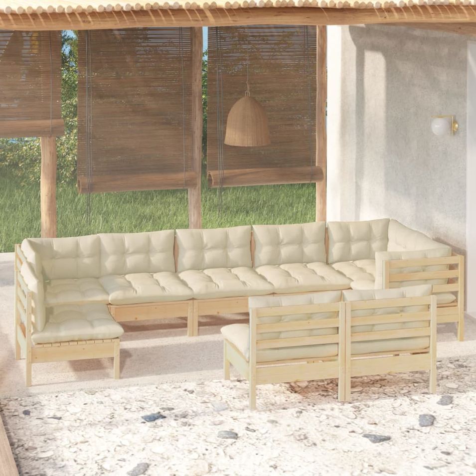 Salon de jardin 9 pcs avec coussins crème Bois de pin massif - Photo n°1