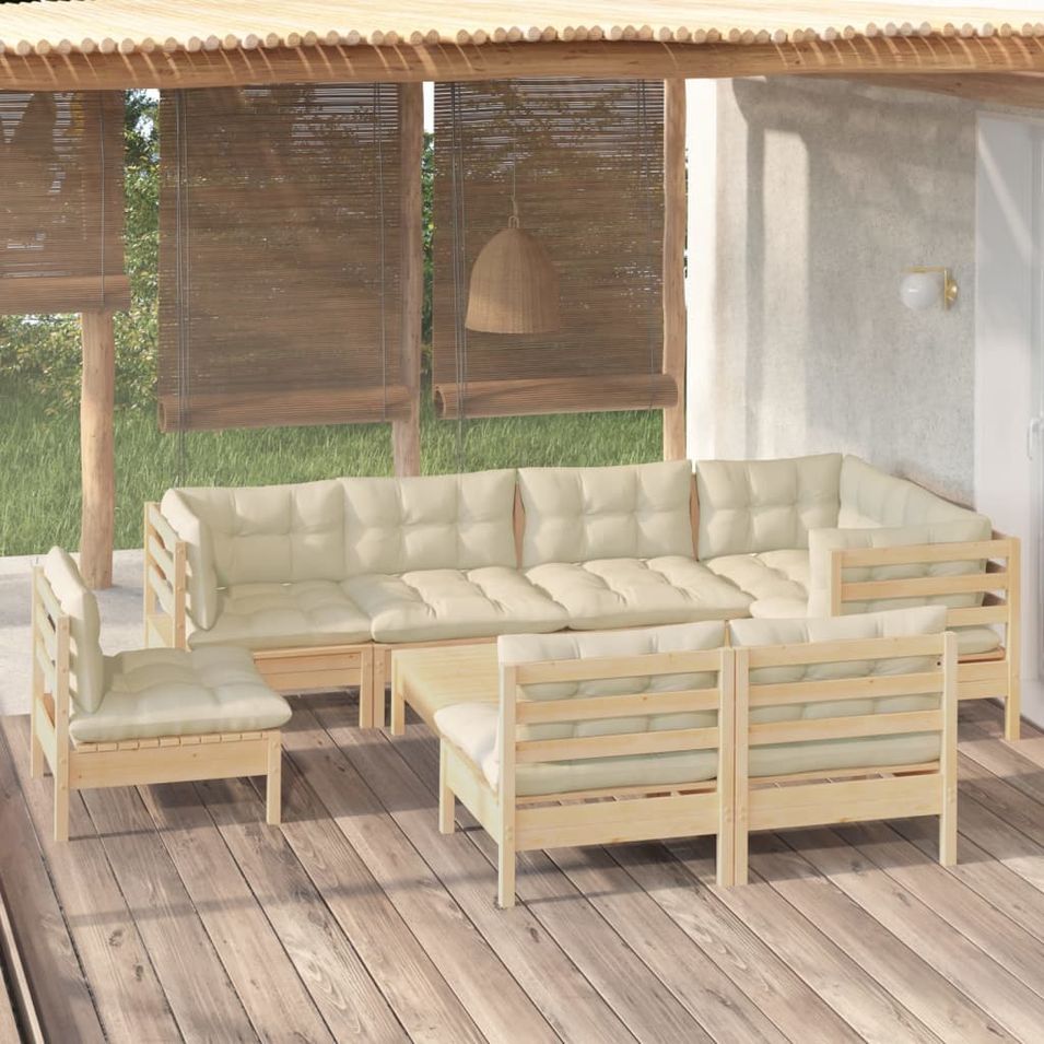 Salon de jardin 9 pcs avec coussins crème Bois de pin massif - Photo n°1