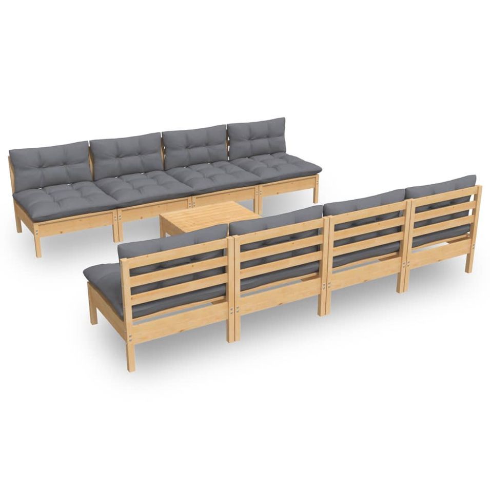 Salon de jardin 9 pcs avec coussins gris Bois de pin massif - Photo n°1