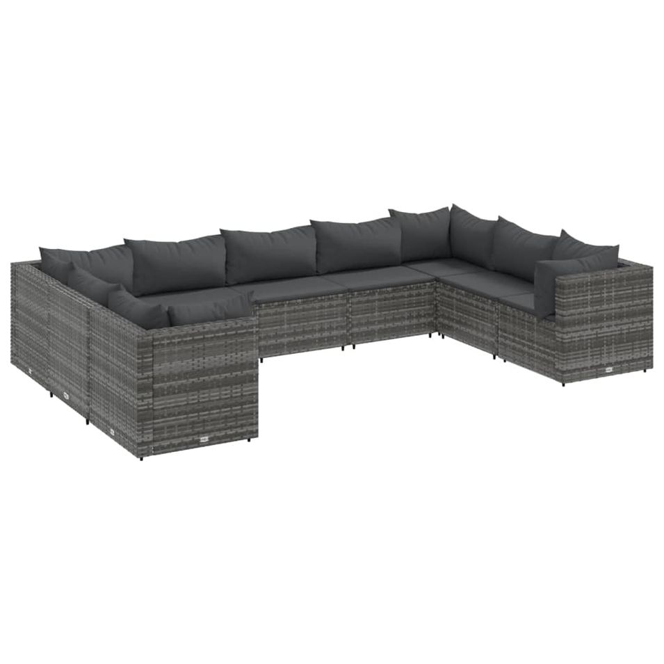 Salon de jardin 9 pcs avec coussins Gris Résine tressée - Photo n°1