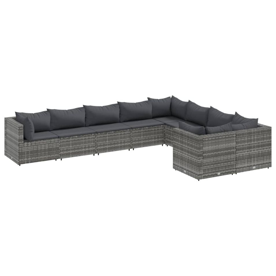 Salon de jardin 9 pcs avec coussins gris résine tressée - Photo n°1