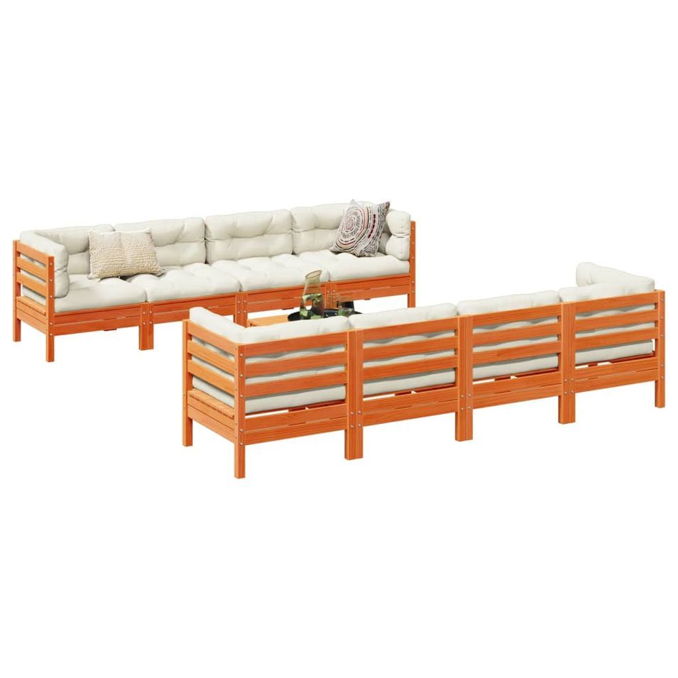 Salon de jardin 9 pcs avec coussins marron cire bois pin massif - Photo n°1