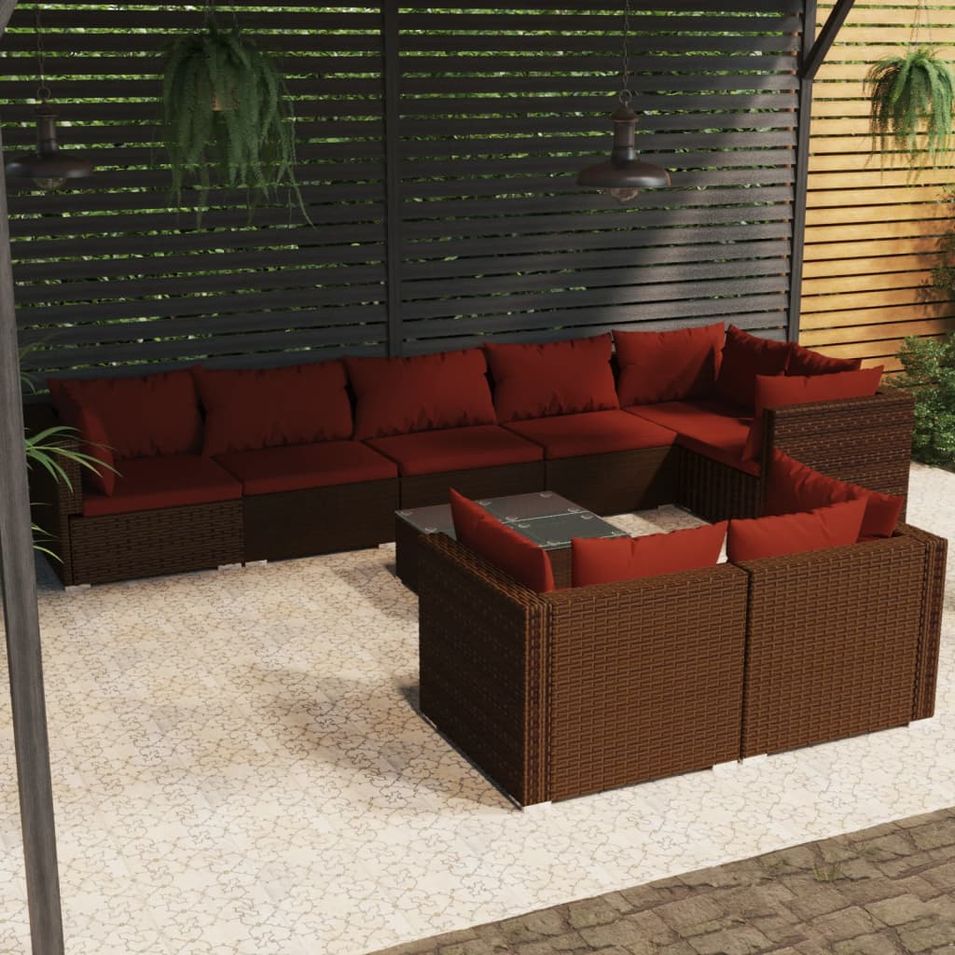Salon de jardin 9 pcs avec coussins Marron Résine tressée - Photo n°1