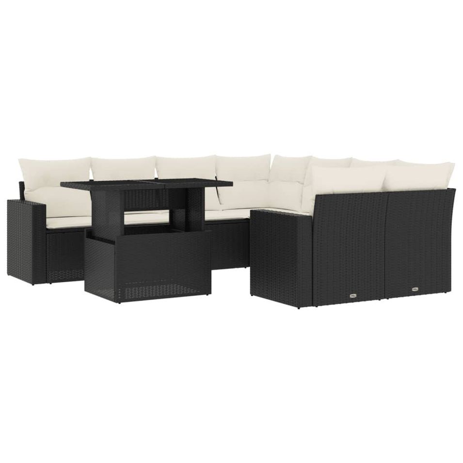 Salon de jardin 9 pcs avec coussins noir résine tressée - Photo n°1