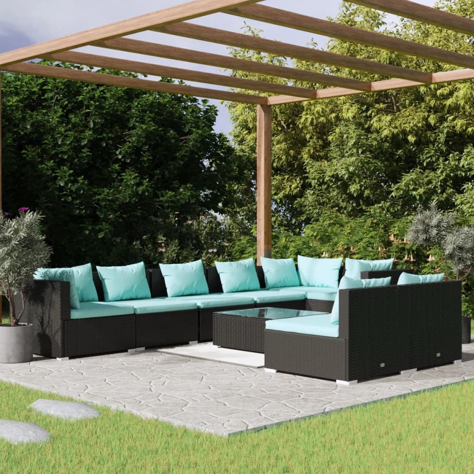 Salon de jardin 9 pcs avec coussins Noir Résine tressée - Photo n°1