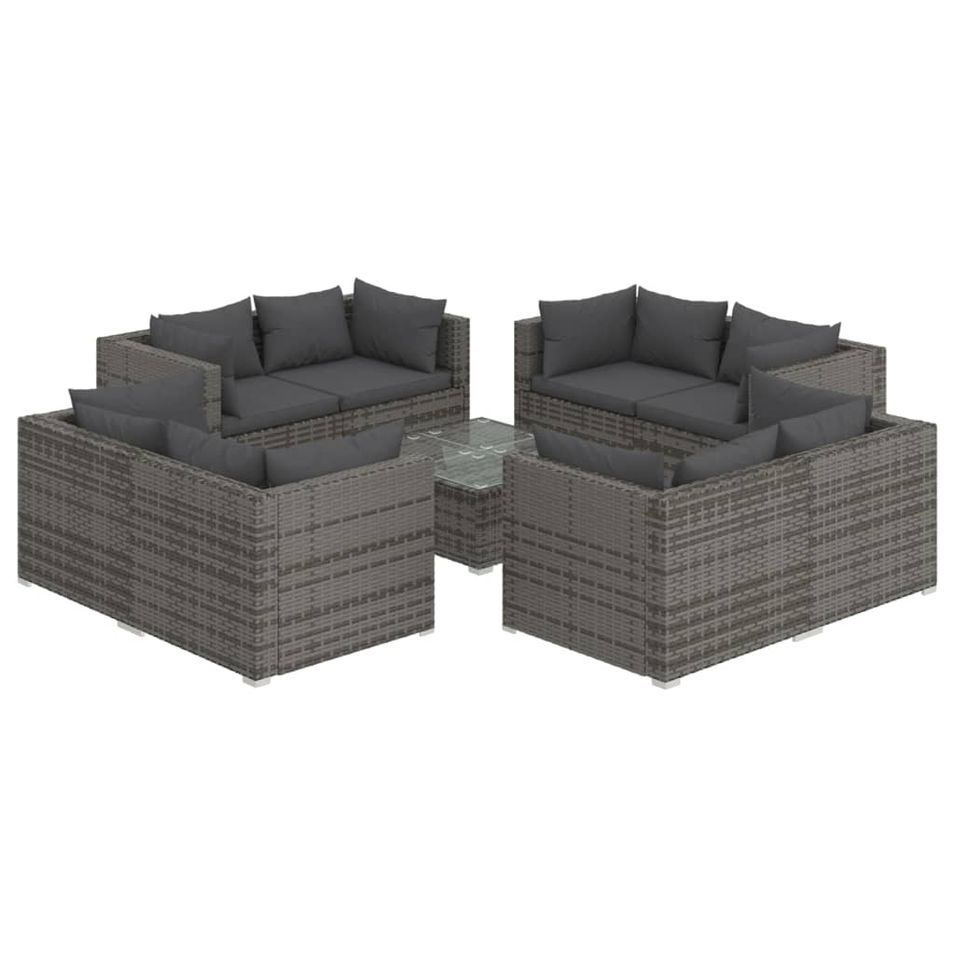 Salon de jardin 9 pcs avec coussins Résine tressée Gris - Photo n°1