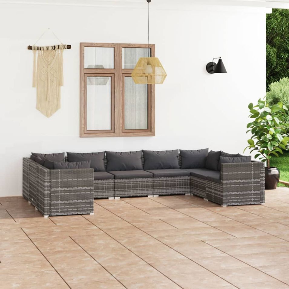 Salon de jardin 9 pcs avec coussins Résine tressée Gris - Photo n°1