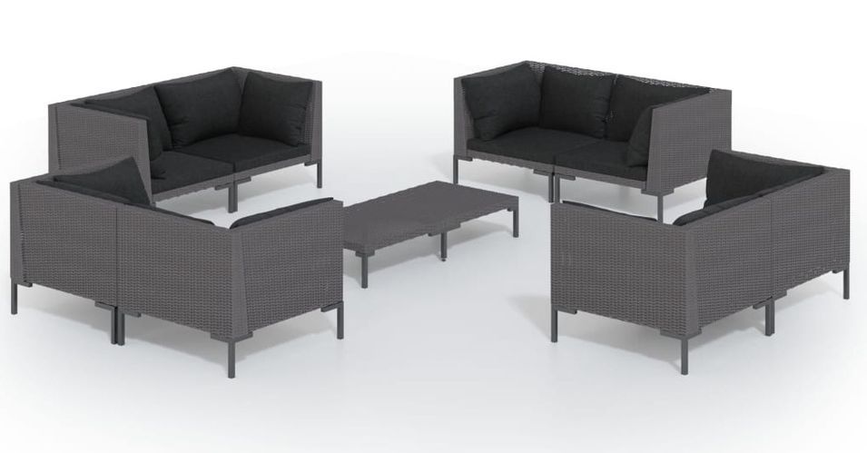 Salon de jardin 9 pcs avec coussins Résine tressée Gris foncé 10 - Photo n°1