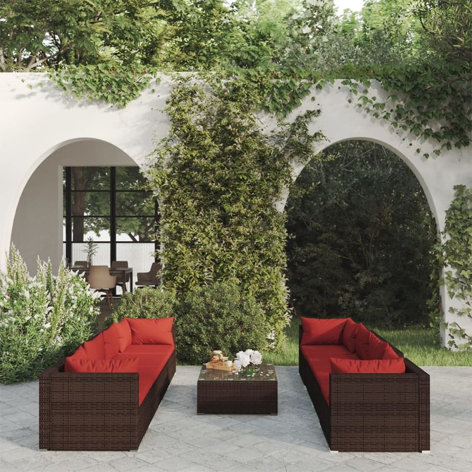 Salon de jardin 9 pcs avec coussins résine tressée marron - Photo n°1