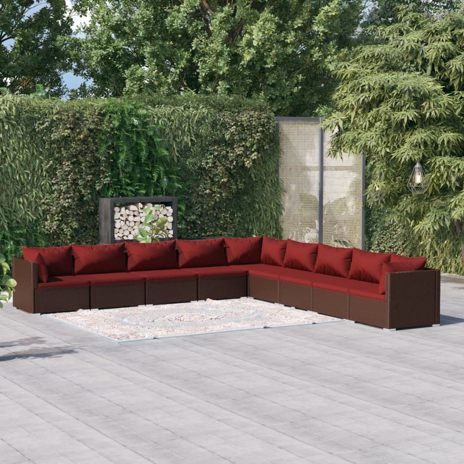 Salon de jardin 9 pcs avec coussins résine tressée marron - Photo n°1