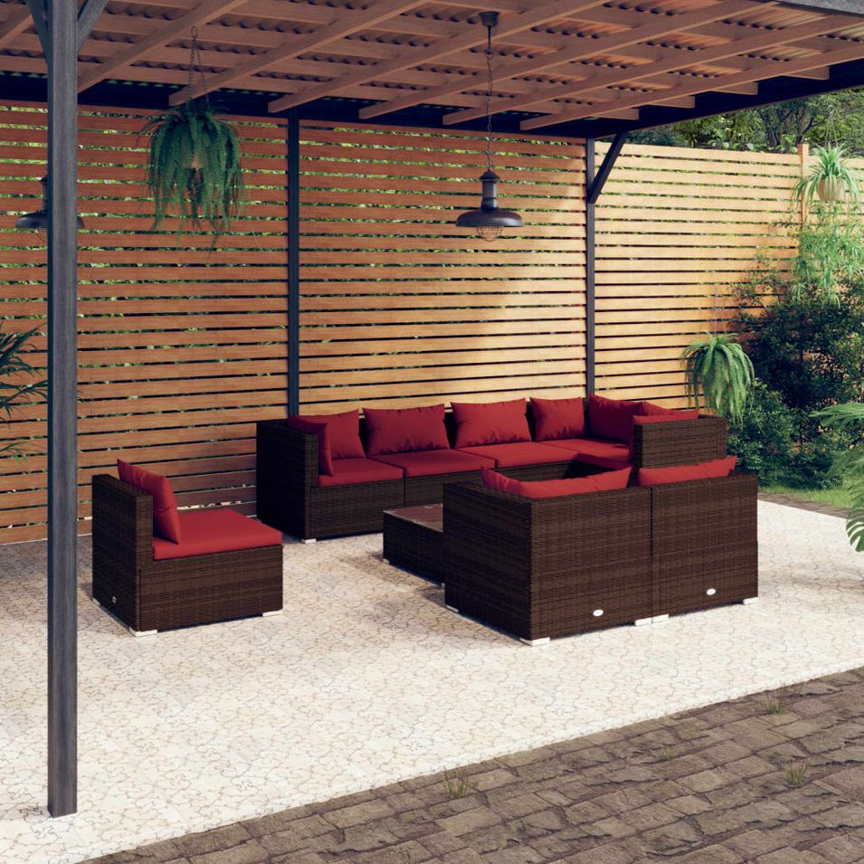 Salon de jardin 9 pcs avec coussins Résine tressée Marron - Photo n°1