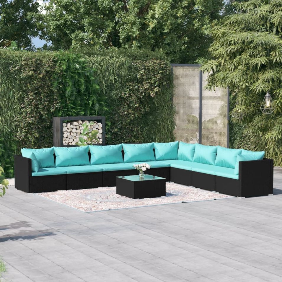 Salon de jardin 9 pcs avec coussins Résine tressée Noir - Photo n°1
