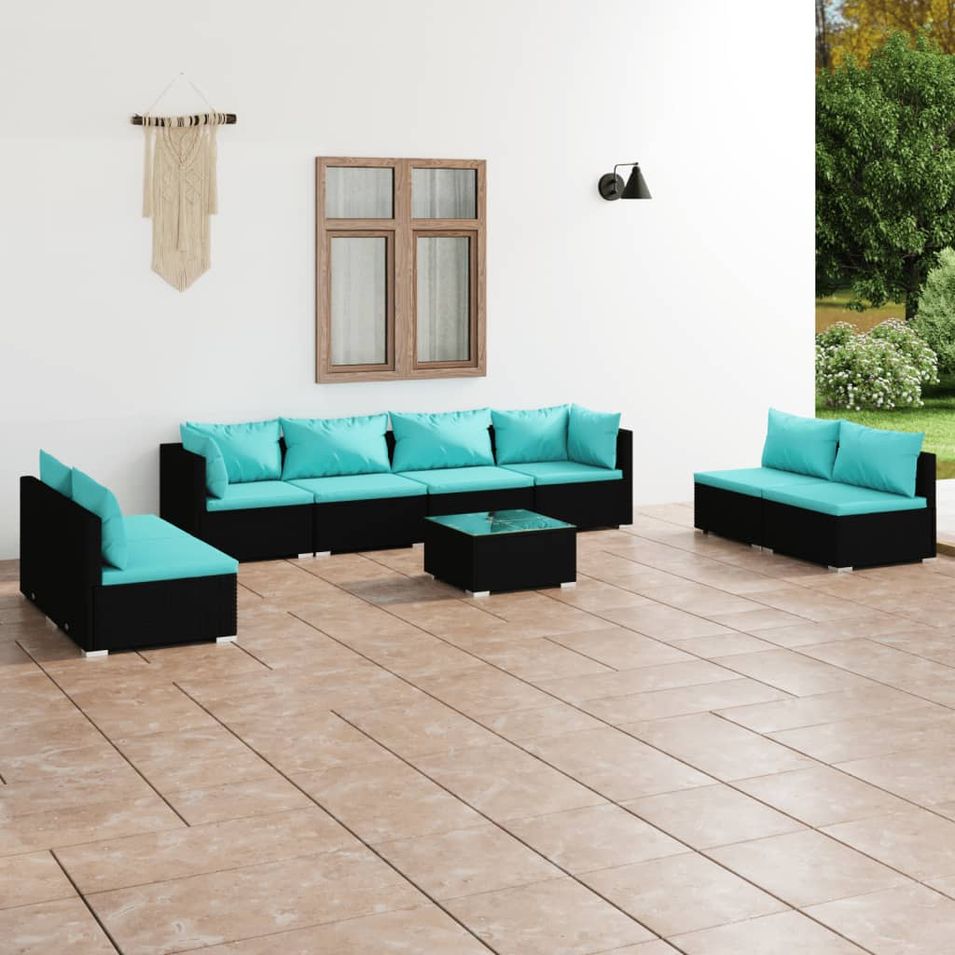 Salon de jardin 9 pcs avec coussins Résine tressée Noir - Photo n°1